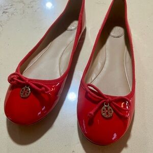 Tory Burch Glossy Red Flats with Bow and charm size 9